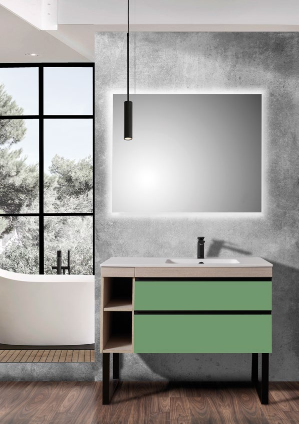 Ambiente de baño KION con auxiliar abierto roble de dos huecos a la izquierda del mueble verde. Cada ficha especifica las piezas incluidas; no se suministra todo el ambiente.