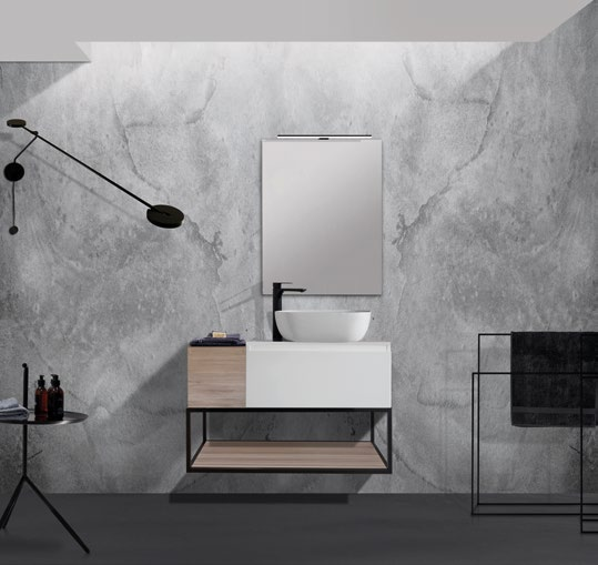 Ambiente MODULARE con estructura Aire y tablero inferior. Cuerpos, lavabo, espejo y grifería son piezas distintas; cada ficha indica lo incluido.
