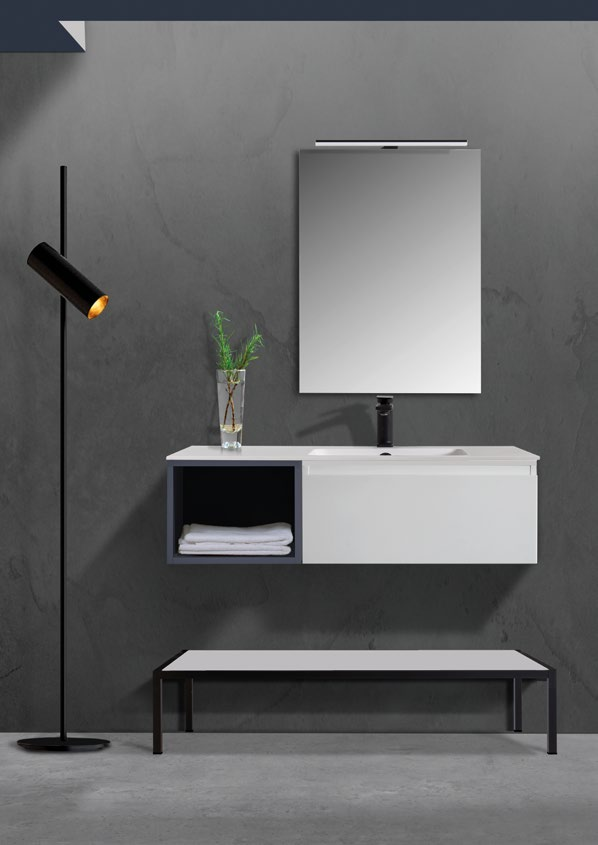 Ambiente MODULARE con estructura de suelo y tapa inferior independiente, mueble suspendido y lavabo. Cada ficha especifica qué piezas incluye.