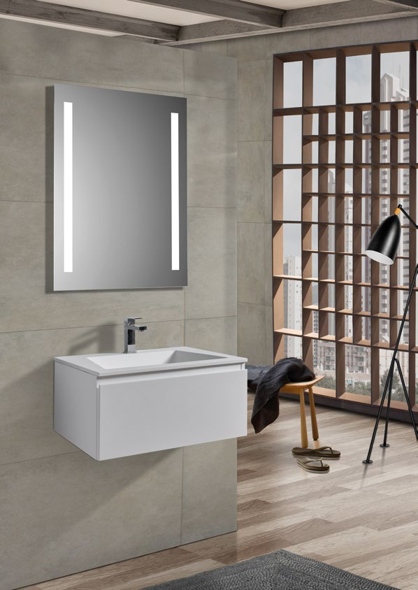 Ambiente de baño con lavabo AMUR sobre un módulo MODULARE blanco, espejo y grifería. Cada ficha indica los elementos incluidos.