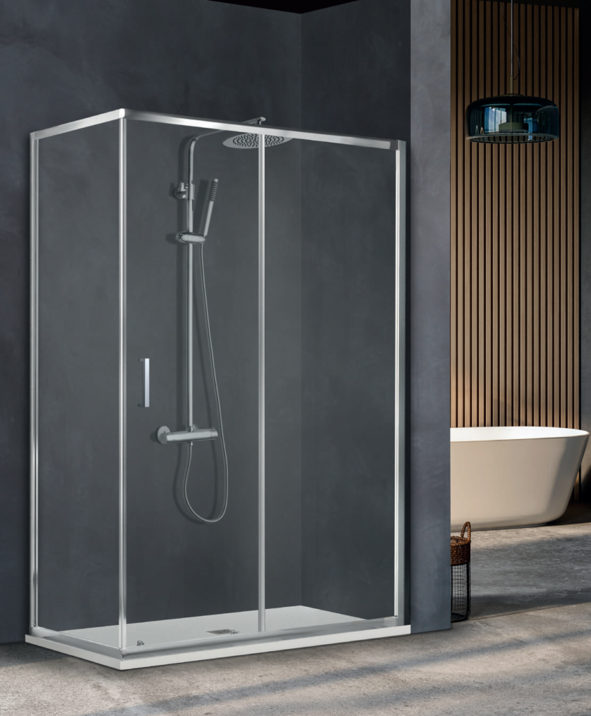 Mampara de ducha con lateral fijo ESNA de 195 cm - cromo y vidrio transparente, acabado cromo y vidrio transparente