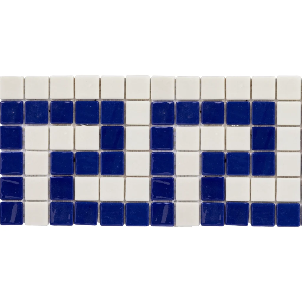 Greca piscina fondo blanco y dibujo azul marino · vista frontal