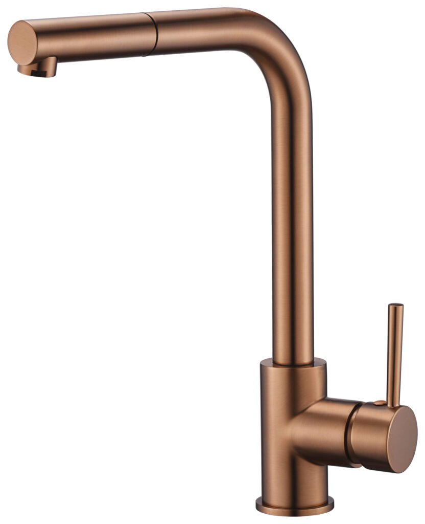 Grifería de cocina monomando extraíble oro rosa cepillado serie Malta — referencia IMEX GCE006/ORC
