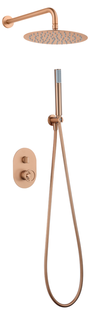 Conjunto de ducha empotrada monomando oro rosa cepillado serie Olimpo — referencia IMEX GPC033/ORC