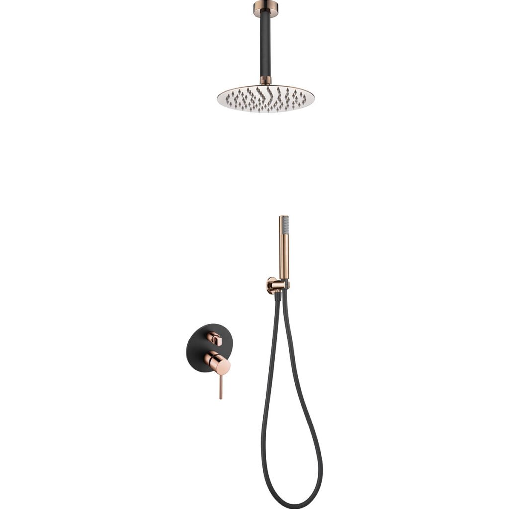 Conjunto ducha monomando empotrado negro oro rosa serie Thalos — referencia IMEX GPTS045/NOR