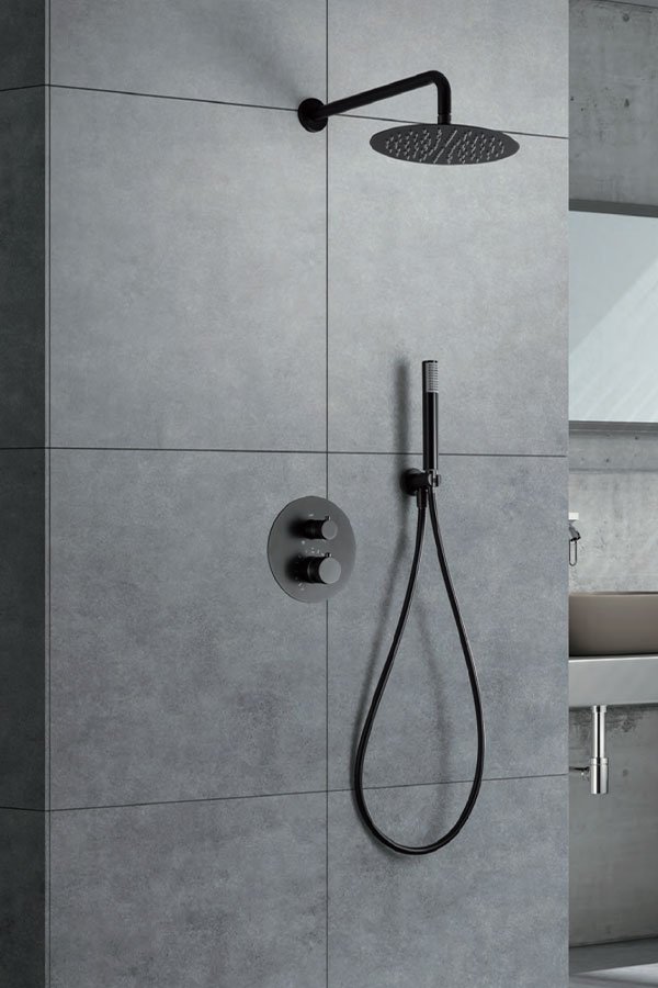 Conjunto de ducha termostática empotrado black gun metal serie Line — referencia IMEX GTD038/BGM