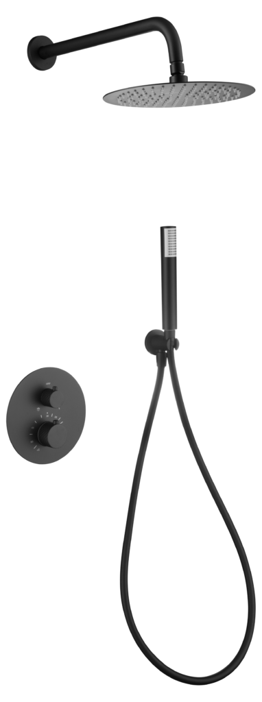 Conjunto de ducha empotrado termostático serie Génova en negro mate — referencia IMEX GTG053/NG