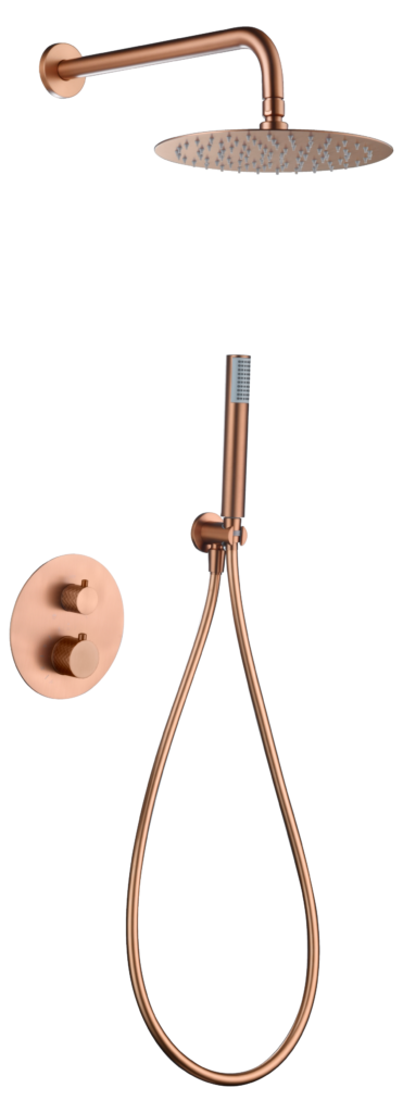Conjunto de ducha empotrado termostático serie Génova en oro rosa cepillado — referencia IMEX GTG053/ORC