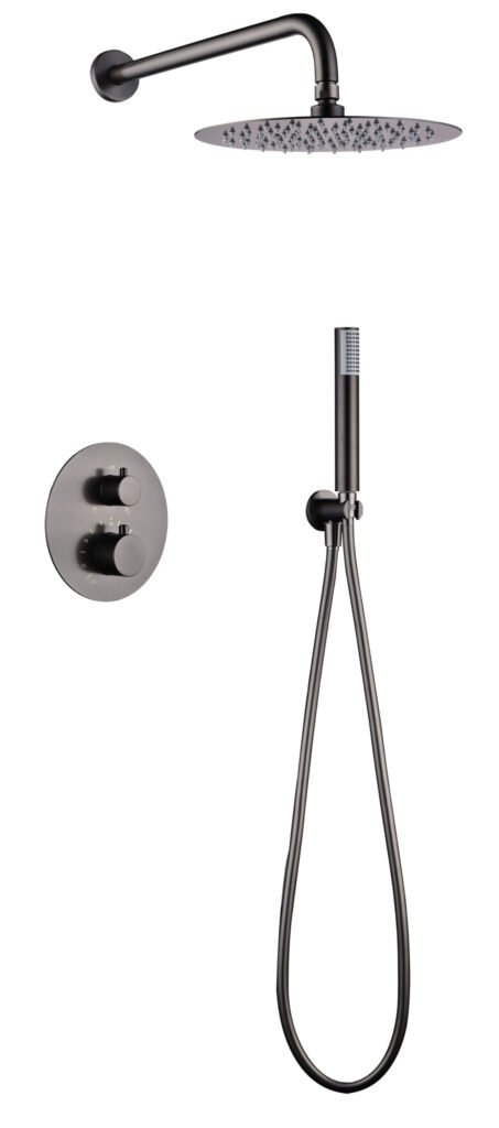 Conjunto de ducha termostático empotrado black gun metal serie Monza — referencia IMEX GTM039/BGM
