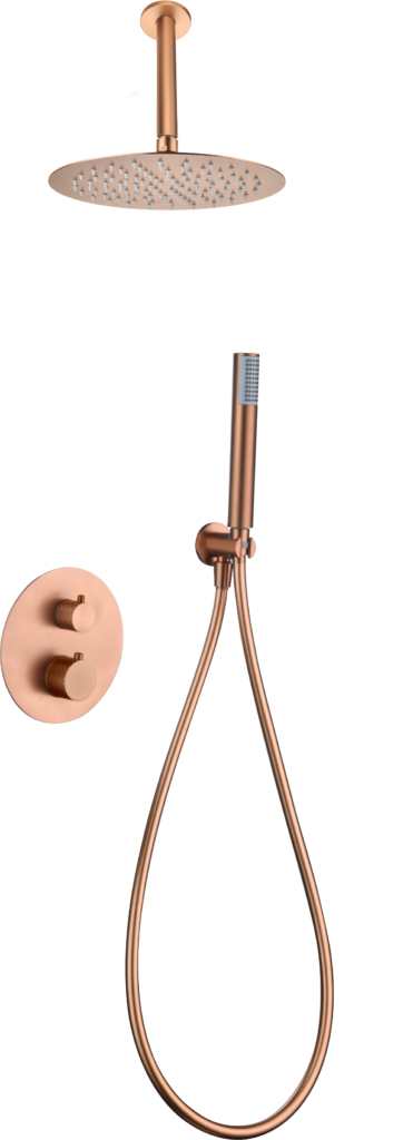 Conjunto de ducha empotrado termostático serie Piamonte en oro rosa cepillado — referencia IMEX GTP059/ORC