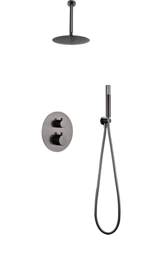 Conjunto de ducha termostático empotrado black gun metal serie Tivoli — referencia IMEX GTT039/BGM