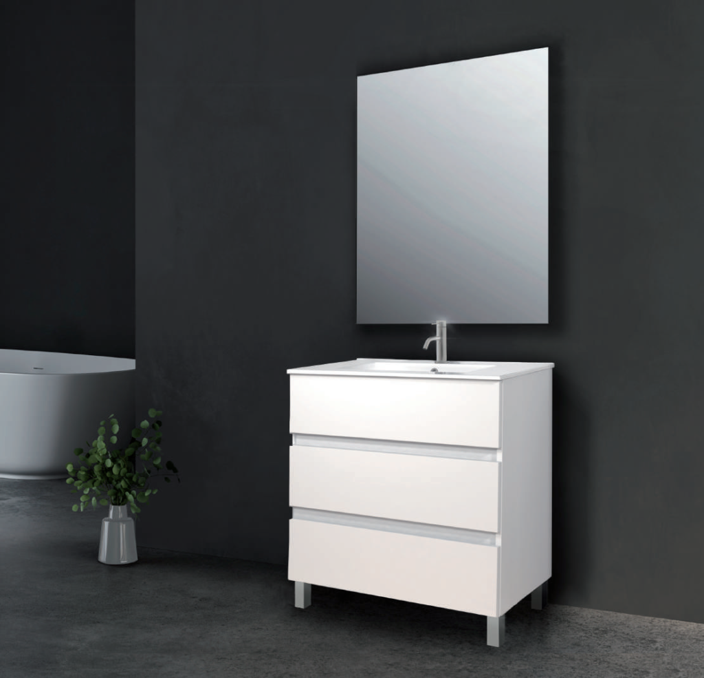 Mueble de baño MD-3 en blanco brillo con lavabo de porcelana; fotografía de ambiente, espejo y grifería no incluidos