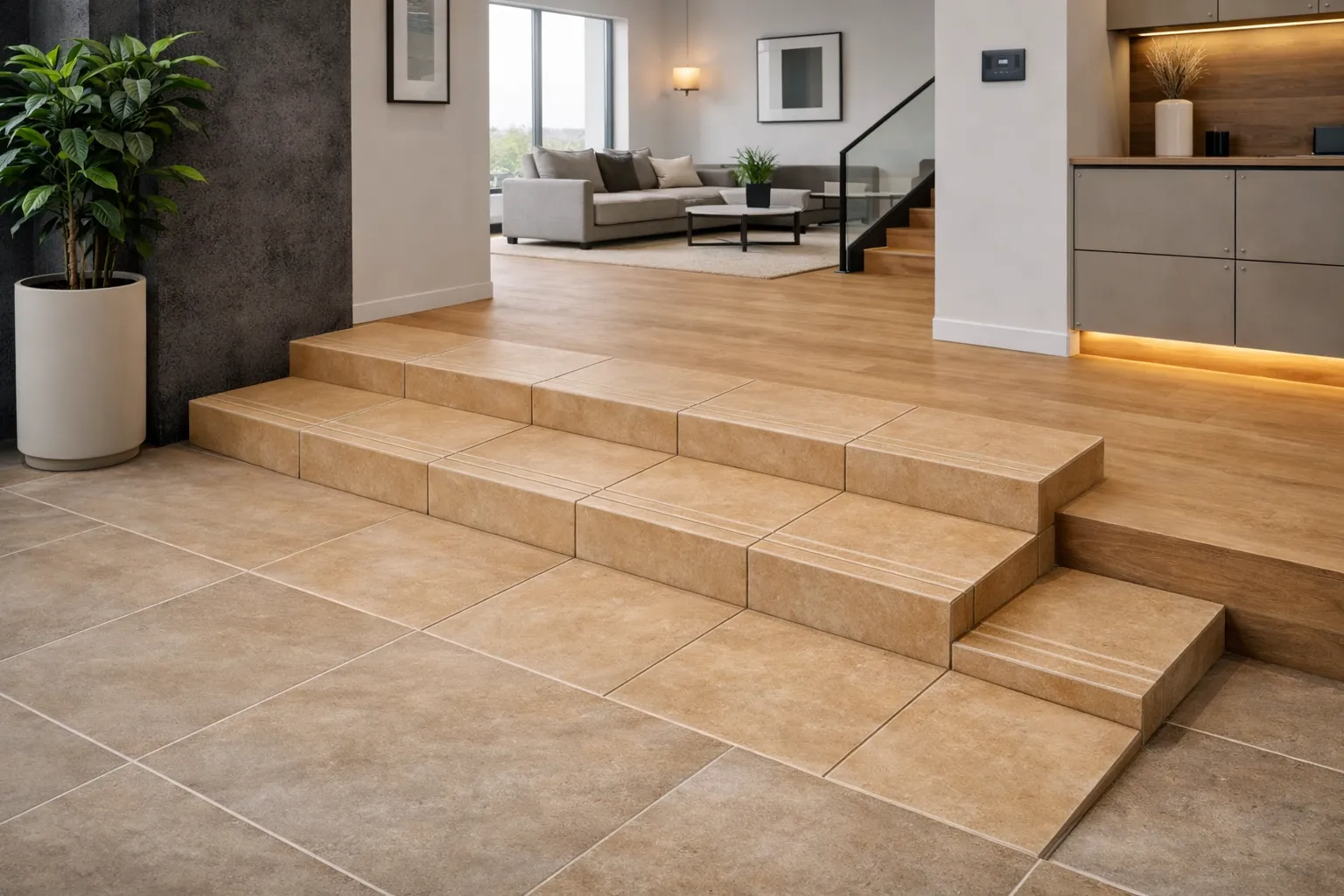 Peldaño Costur Beige 32,5 × 32,5 cm · ambiente de escalera interior