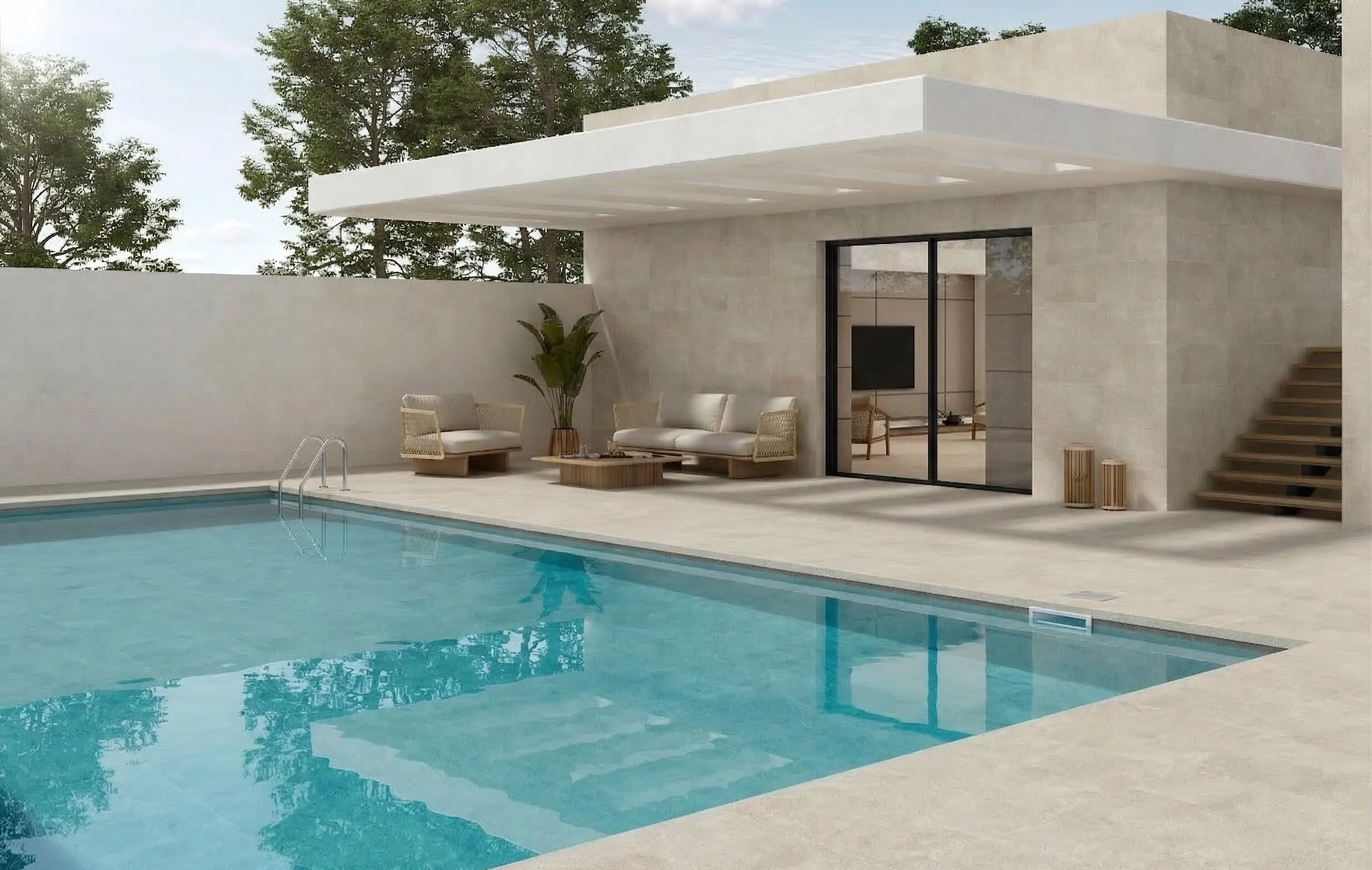 Peldaño Marrachi 31,7 × 62,5 cm · ambiente de terraza exterior