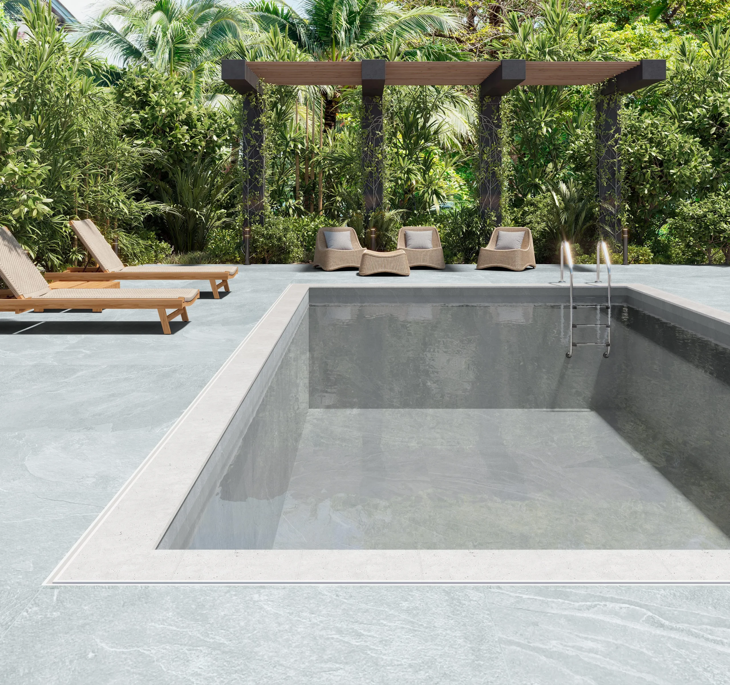 Porcelánico de piscina Colorado Perla Antideslizante 37 × 75 cm · ambiente de piscina