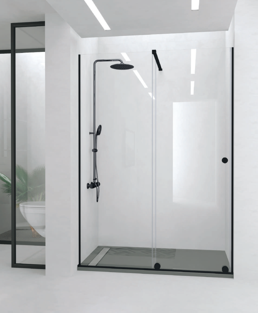 Mampara frontal RL-2 con fijo y corredera, acabado negro y vidrio transparente