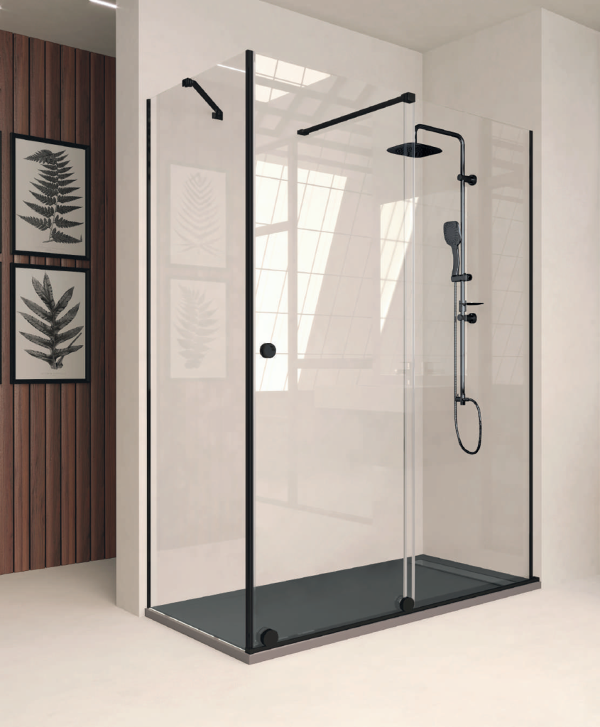 Mampara de ducha con lateral fijo RL-3 de 195 cm - negro y vidrio transparente, acabado negro y vidrio transparente