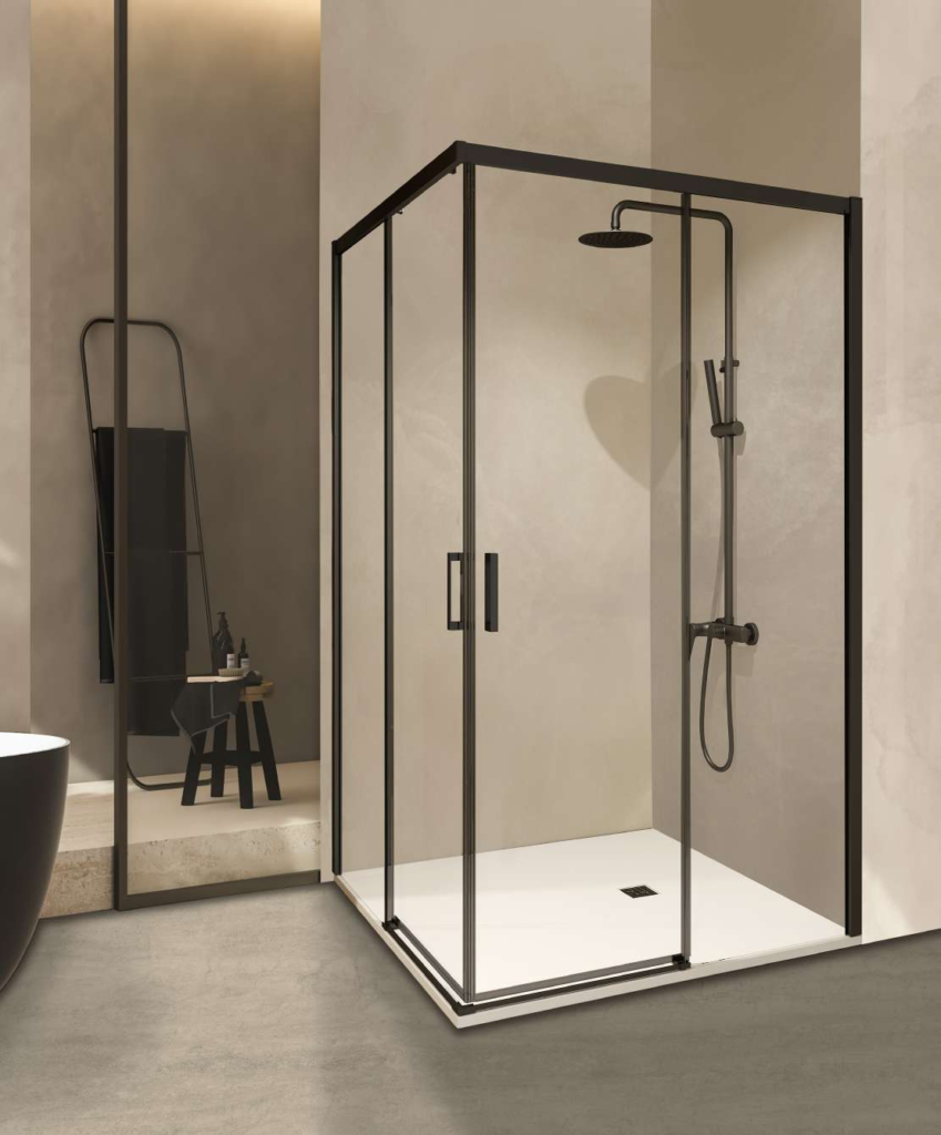 Mampara angular de ducha SC-4 de 195 cm - negro y vidrio transparente, acabado negro y vidrio transparente