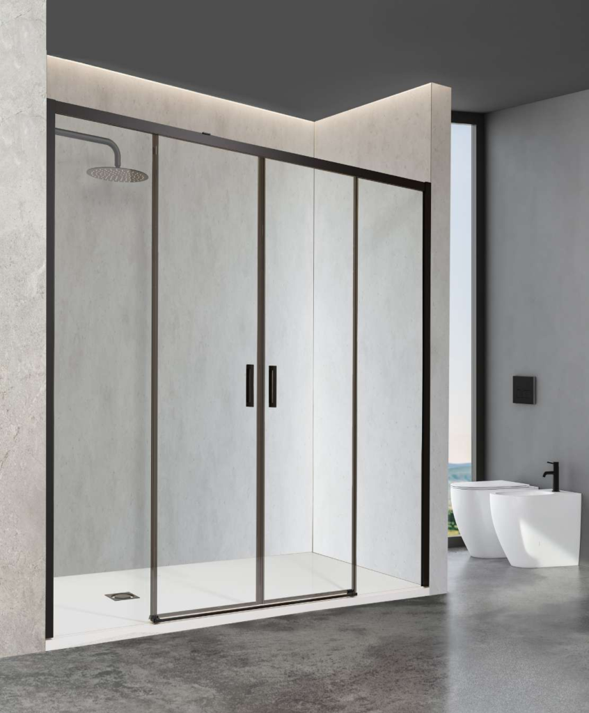 Mampara frontal SC-5 negra con dos fijos y dos puertas correderas centrales, vidrio transparente; plato, grifería y sanitarios no incluidos.