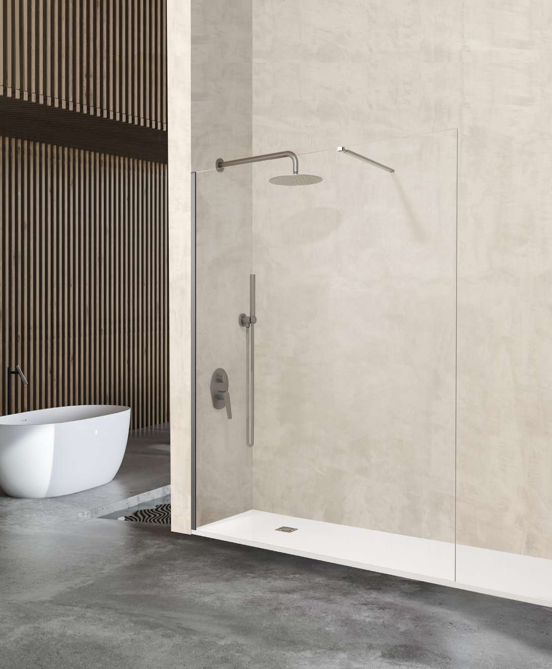 Panel fijo de ducha SELA liso en níquel cepillado y vidrio transparente, en ambiente. Consulta las medidas y el espesor de la ficha; bañera, grifería y decoración no incluidas.