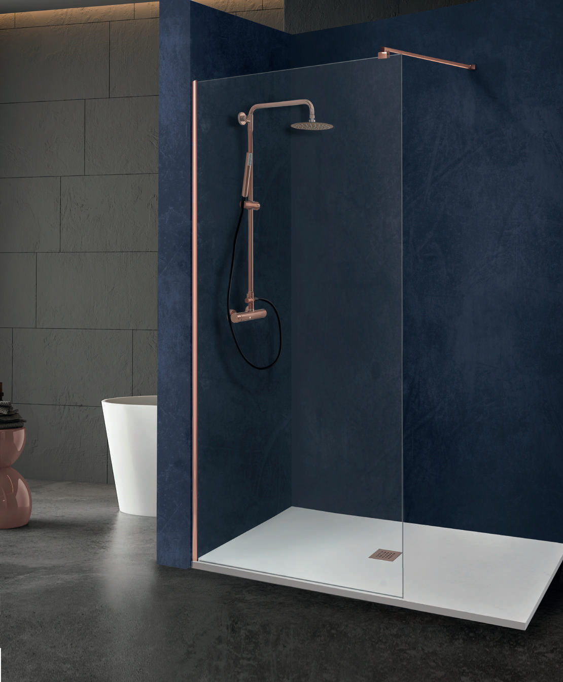 Mampara fija de ducha SET de 195 cm con perfil cobre y vidrio transparente