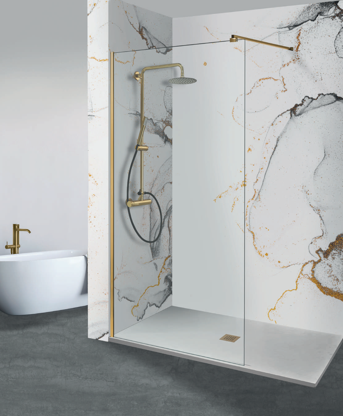 Mampara fija de ducha SET de 195 cm con perfil oro y vidrio transparente