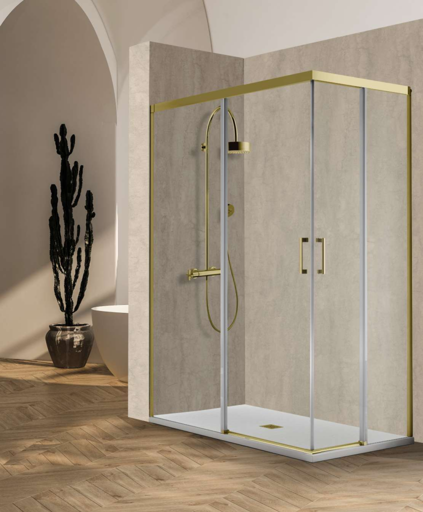 Mampara angular de ducha SM-4 de 195 cm, acabado oro cepillado y vidrio transparente