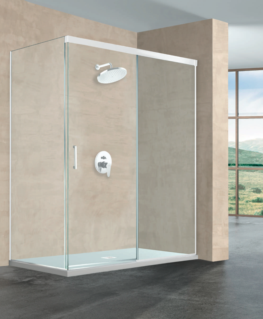 Mampara de ducha con lateral fijo ST-3 de 195 cm - blanco y vidrio transparente, acabado blanco y vidrio transparente