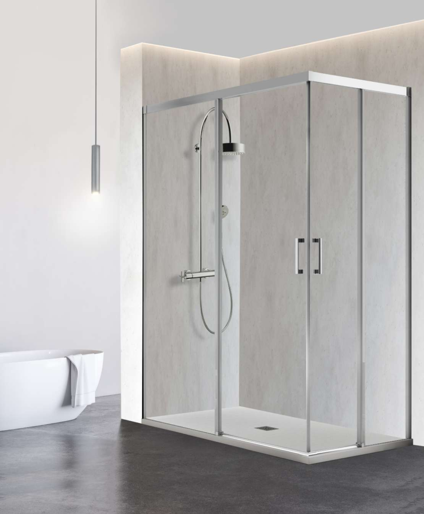 Mampara angular de ducha ST-4 de 195 cm, acabado cromo y vidrio transparente