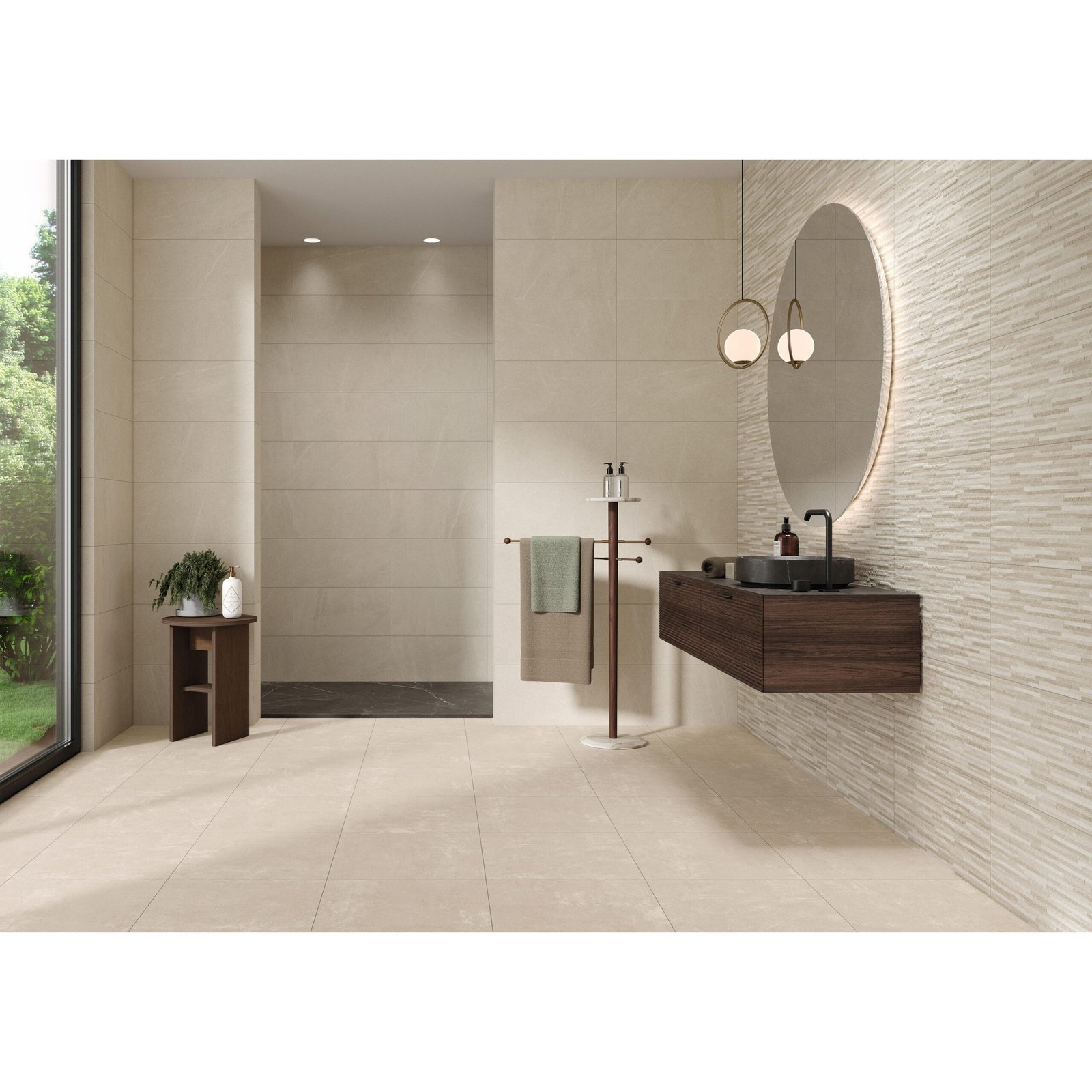 Suelo cerámico Denia Beige 45 × 45 cm · ambiente de baño