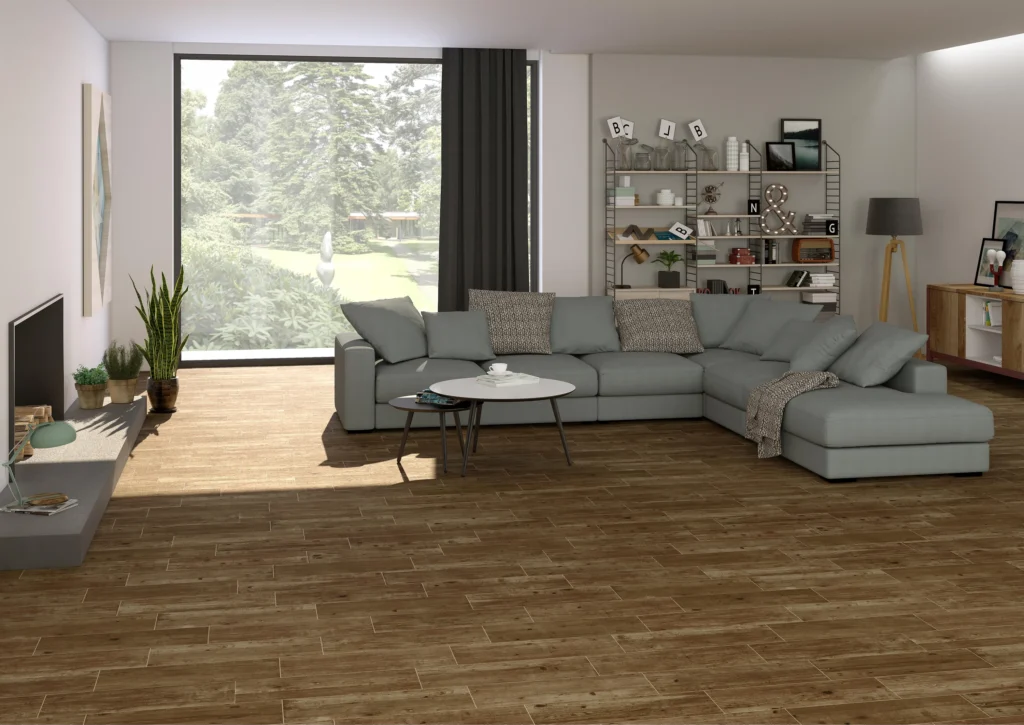 Suelo cerámico Tarima Roble 20,5 × 61,5 cm · ambiente de salón
