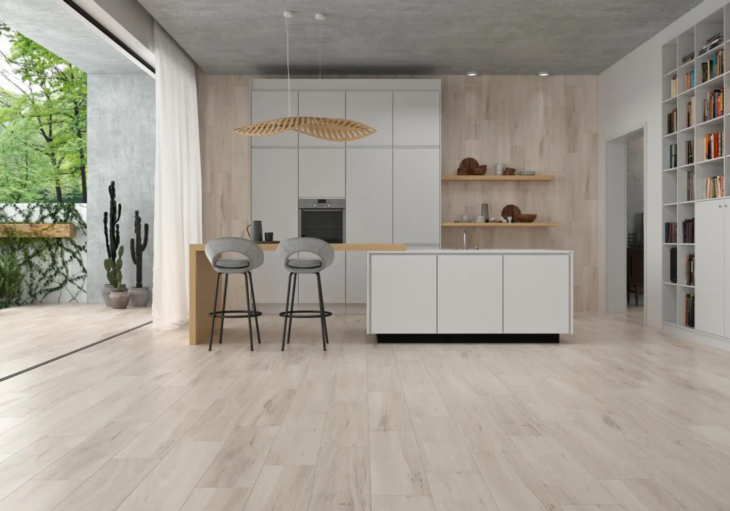 Suelo porcelánico Alella 20 × 80 cm · ambiente de cocina