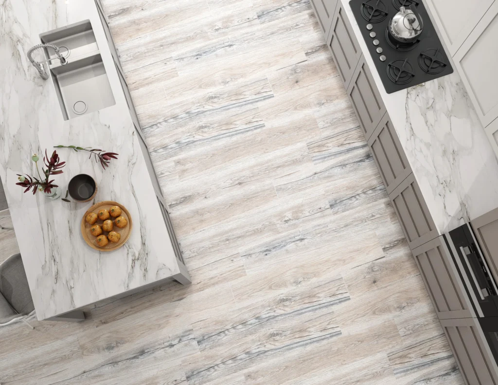 Suelo porcelánico Artana Blanco 23 × 120 cm · ambiente de cocina