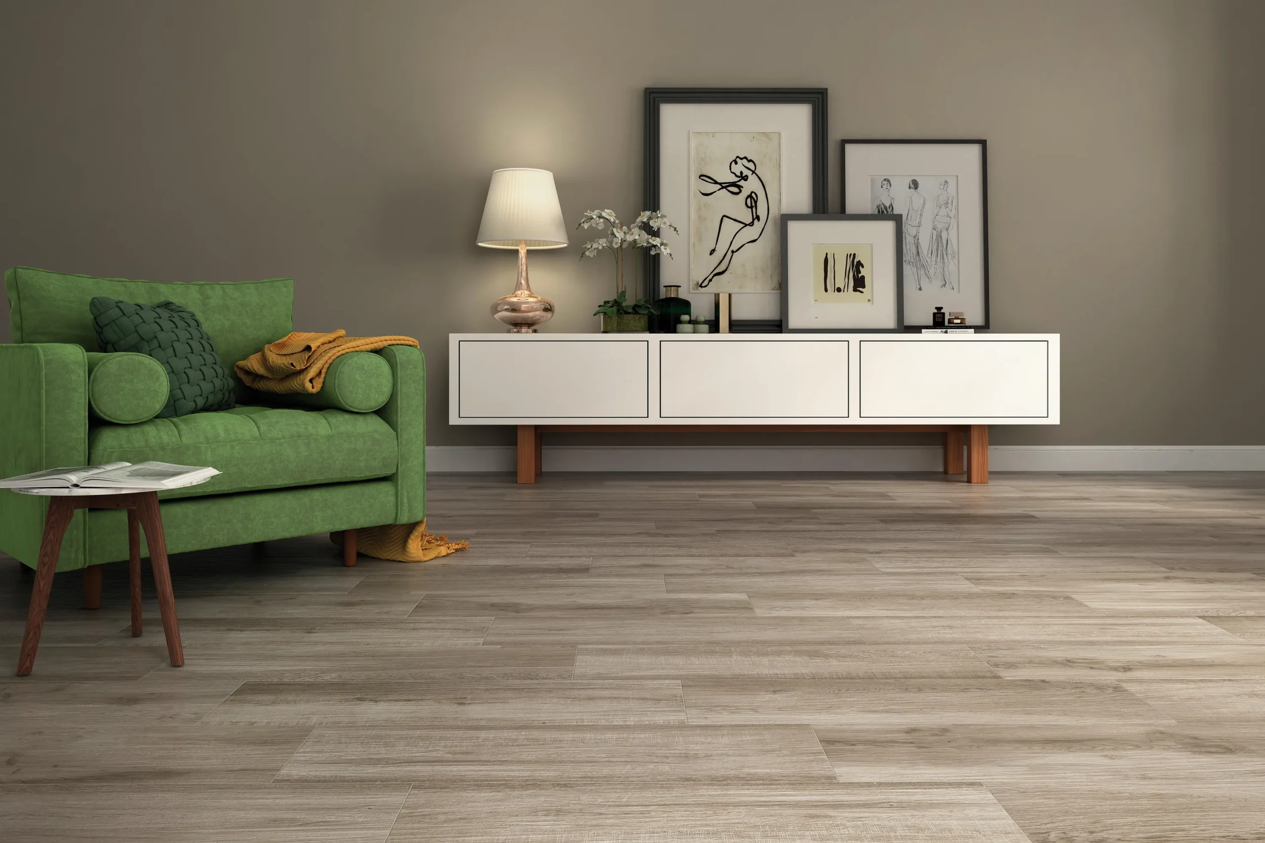 Suelo porcelánico Balsain Beige 24 × 88 cm · ambiente de salón