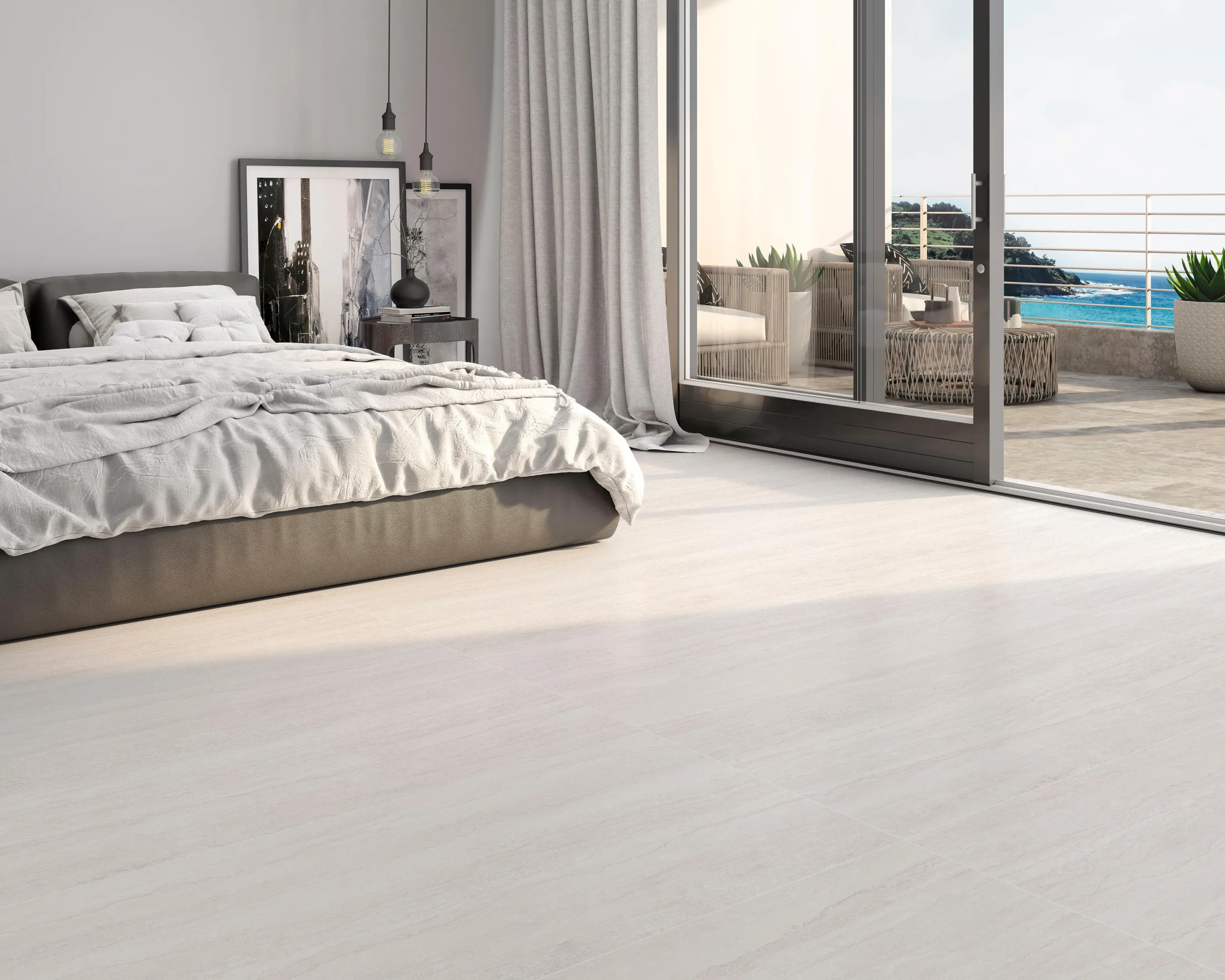 Suelo porcelánico Corbera White 60 × 120 cm · ambiente de dormitorio