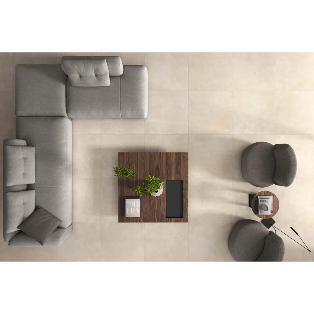 Suelo porcelánico Dayson Greige 75 × 75 cm · ambiente interior
