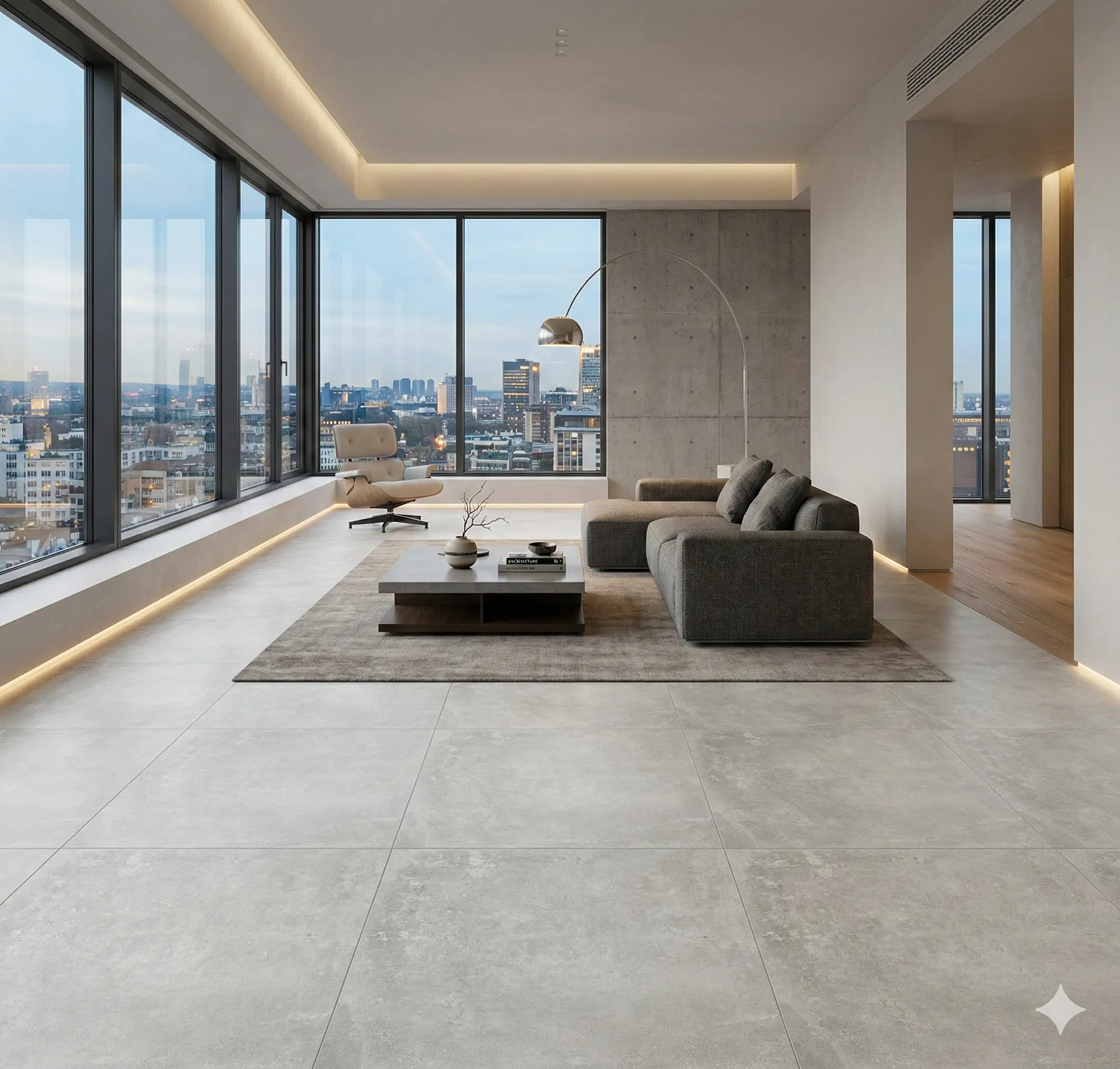Suelo porcelánico Domus Perla 90 × 90 cm · ambiente de salón