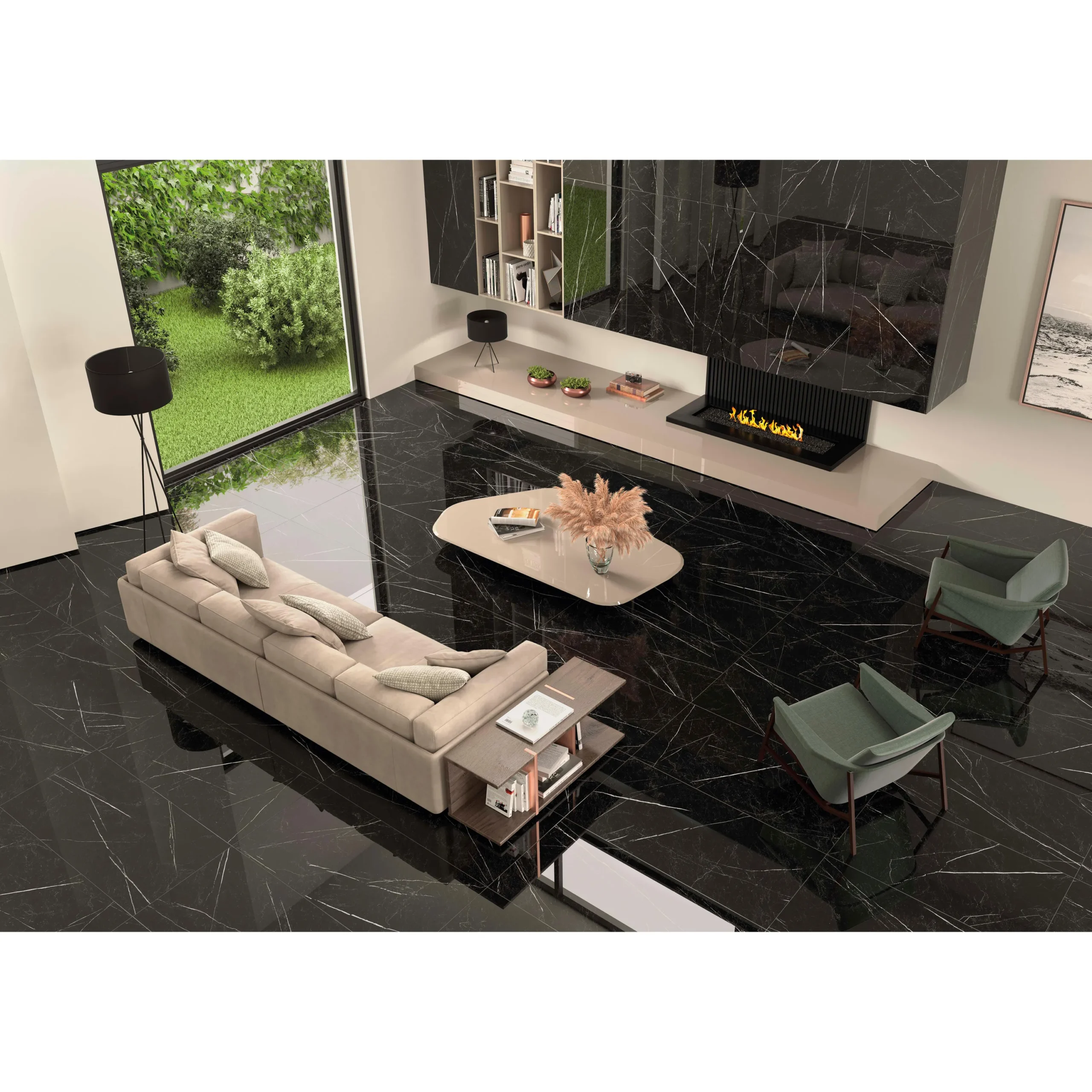 Suelo porcelánico Essenzial Negro Pulido 59 × 119 cm · ambiente