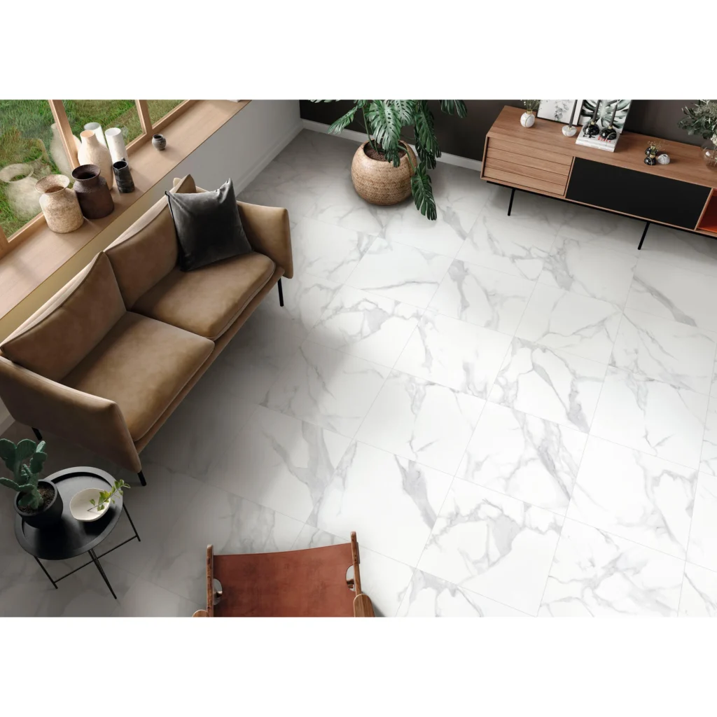 Suelo porcelánico Eternity Blanco 59,5 × 59,5 cm · ambiente de salón