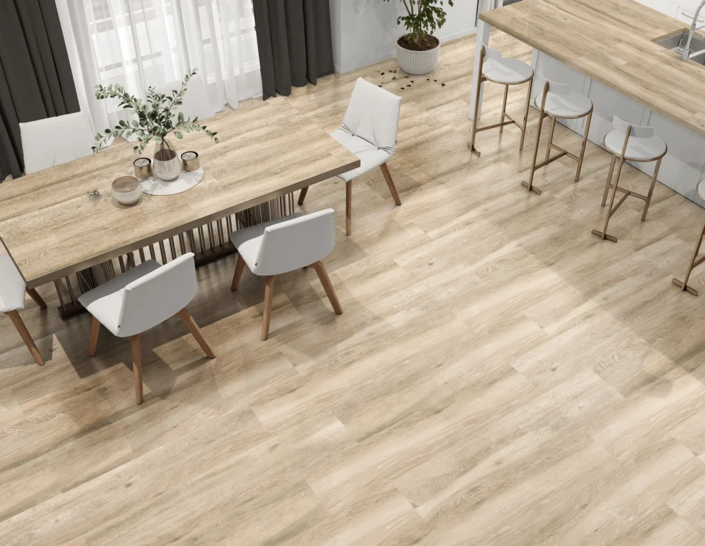 Suelo porcelánico Forest Beige 23,3 × 120 cm · ambiente de comedor
