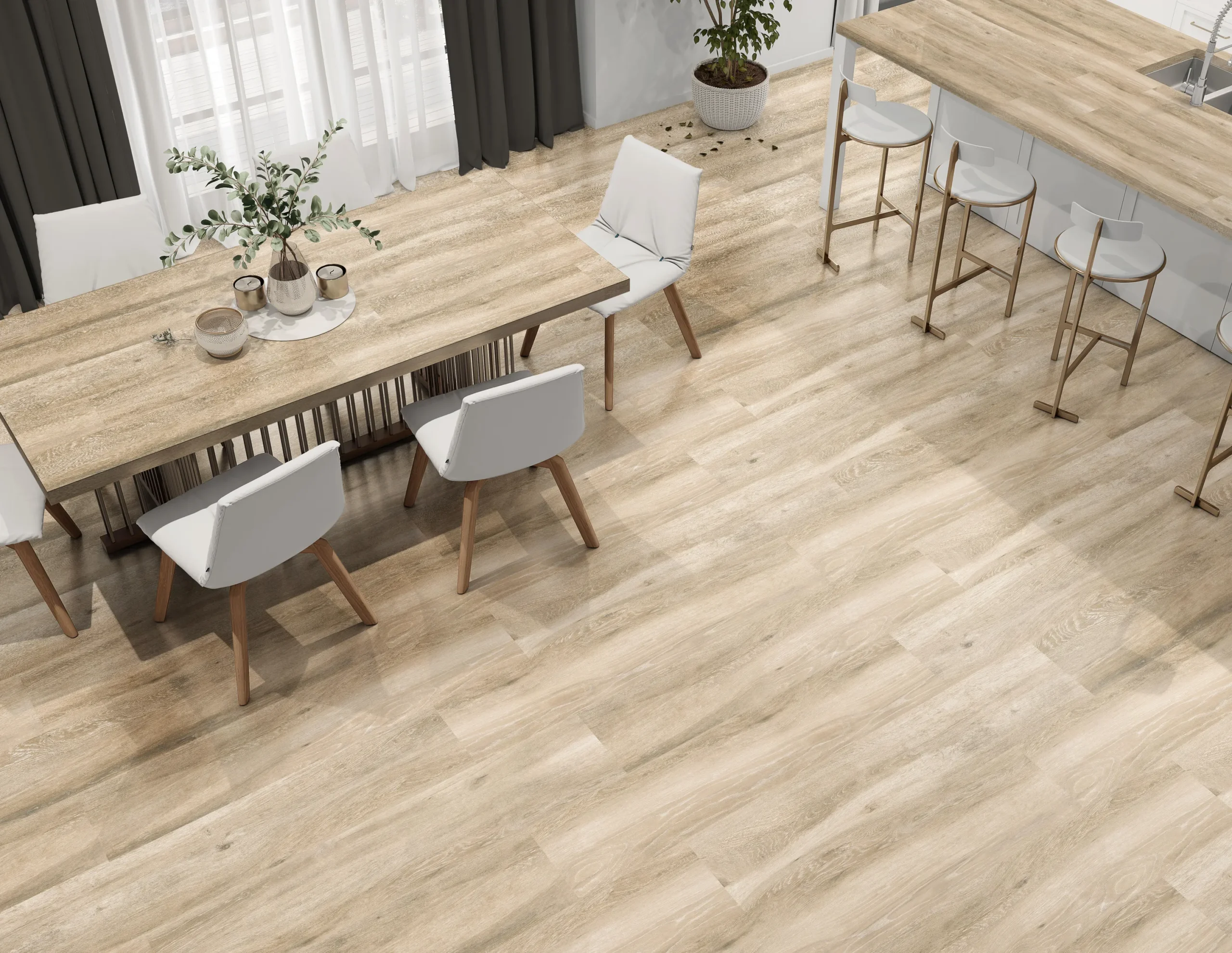 Suelo porcelánico Forest Beige 23,3 × 120 cm · ambiente de comedor