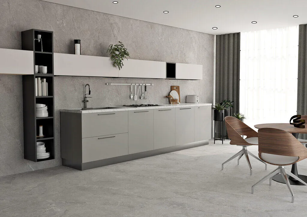 Suelo porcelánico Galaxy Grey 60 × 120 cm · ambiente de cocina