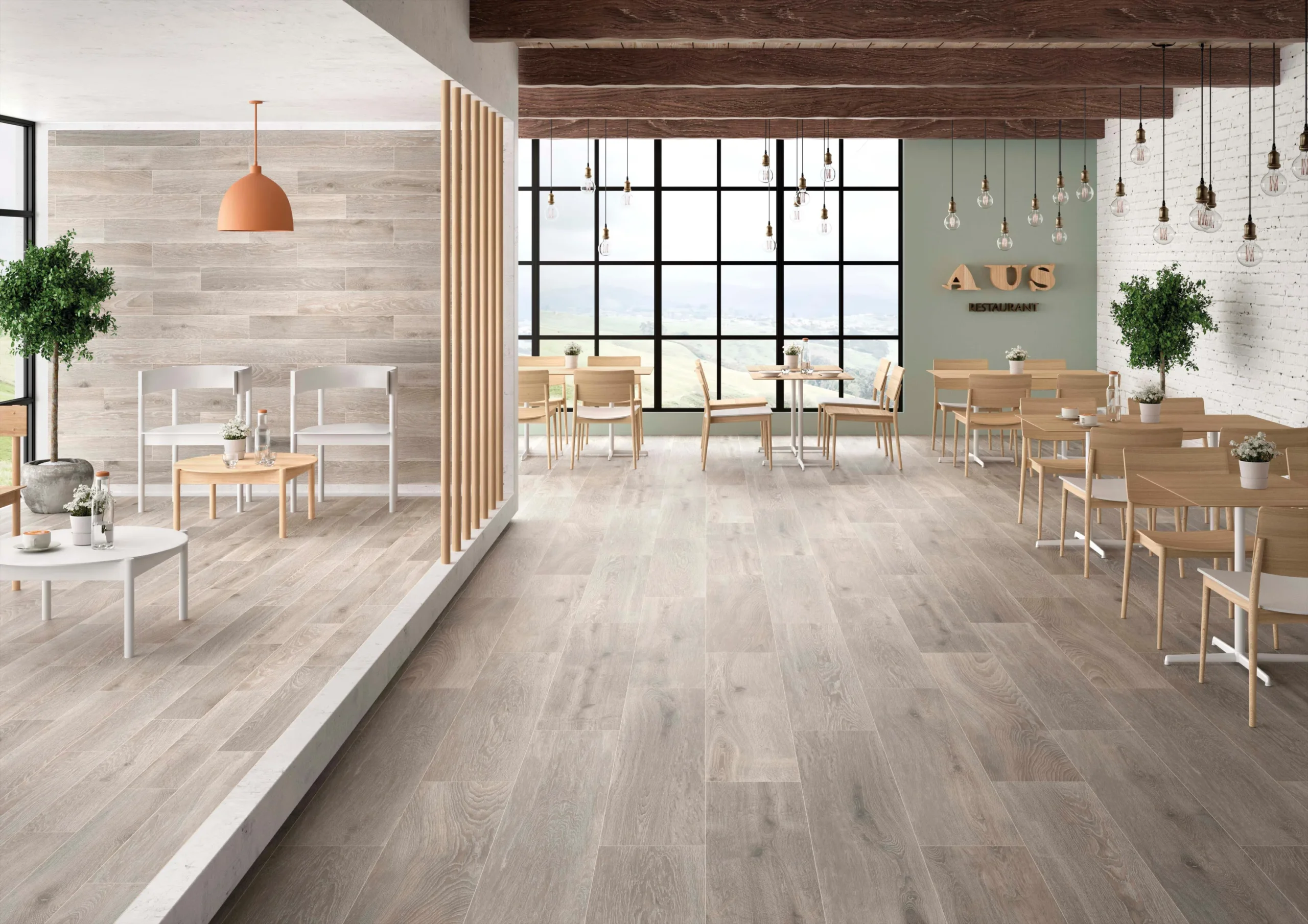 Suelo porcelánico Harwood Argent 23 × 120 cm · ambiente