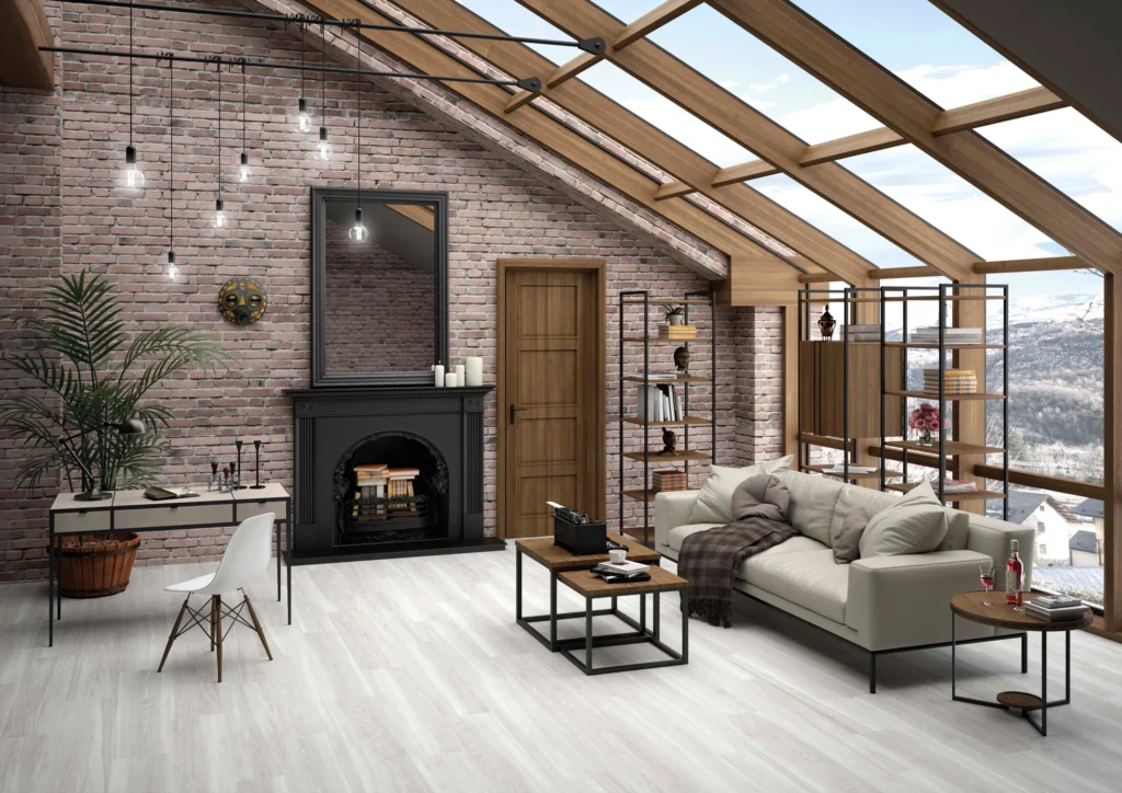 Suelo porcelánico Kimberley Fresno 23 × 120 cm · ambiente de salón