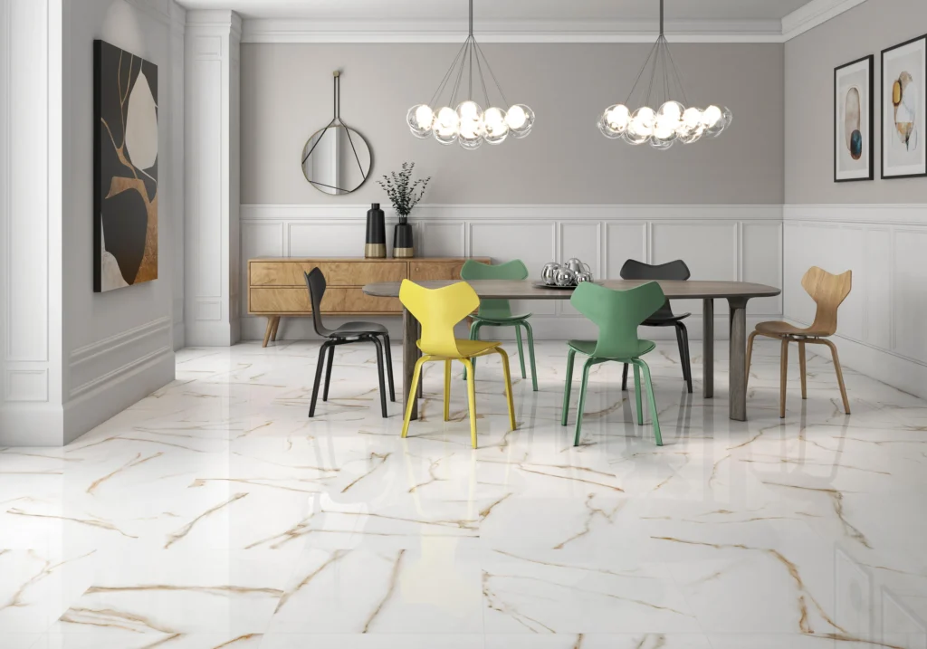 Suelo porcelánico Lake Gold Brillo 60 × 120 cm · ambiente de comedor