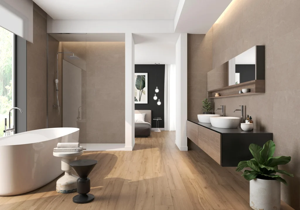 Suelo porcelánico Leño Beige 20 × 120 cm · ambiente de baño