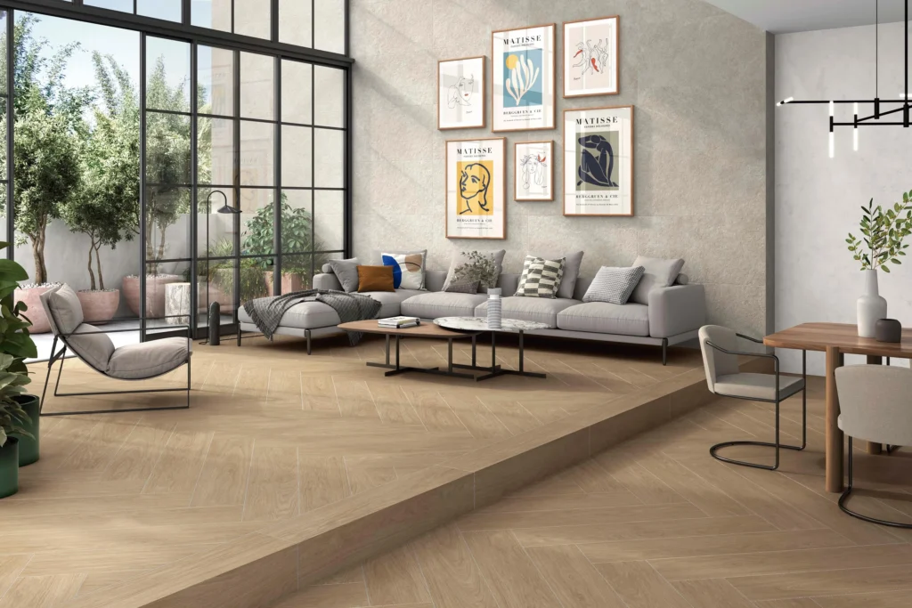 Suelo porcelánico Liana Haya 22,5 × 119,5 cm · ambiente de salón