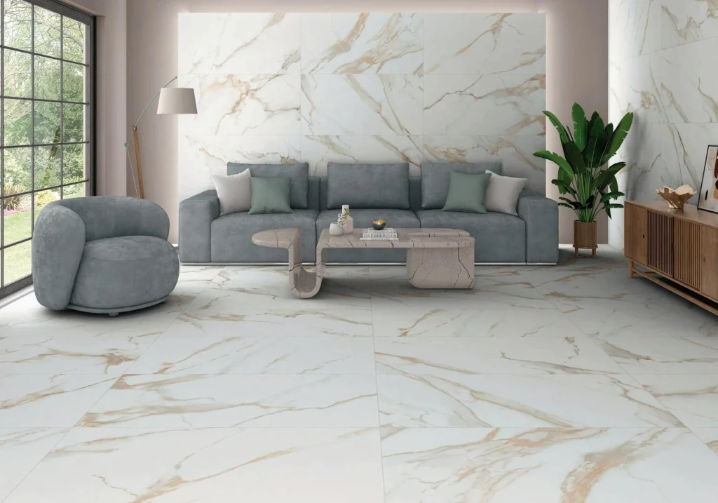 Suelo porcelánico Luna Natural 59,5 × 120 cm · ambiente de salón