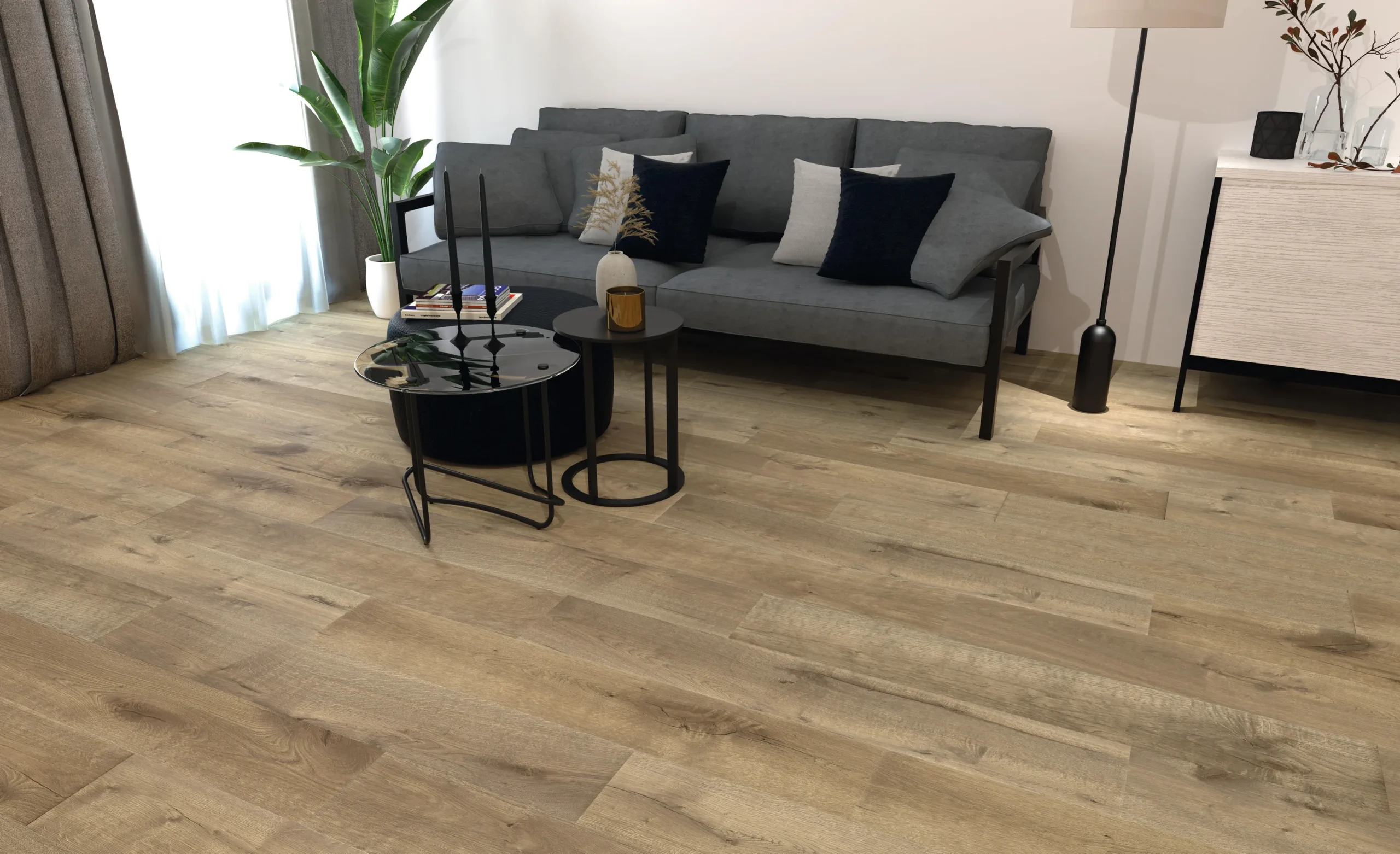Suelo porcelánico Madeira Nogal 20 × 120 cm · ambiente de salón