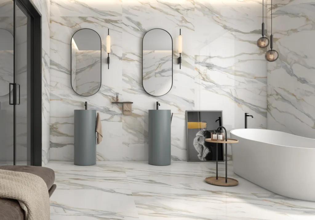Suelo porcelánico Mistery Blue Brillo 60 × 120 cm · ambiente de baño
